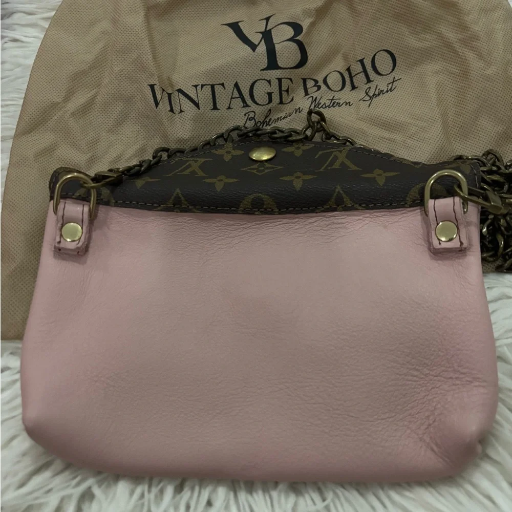 Pink Leather & Monogram Clutch Crossbody – Upcycled by Vintage Boho